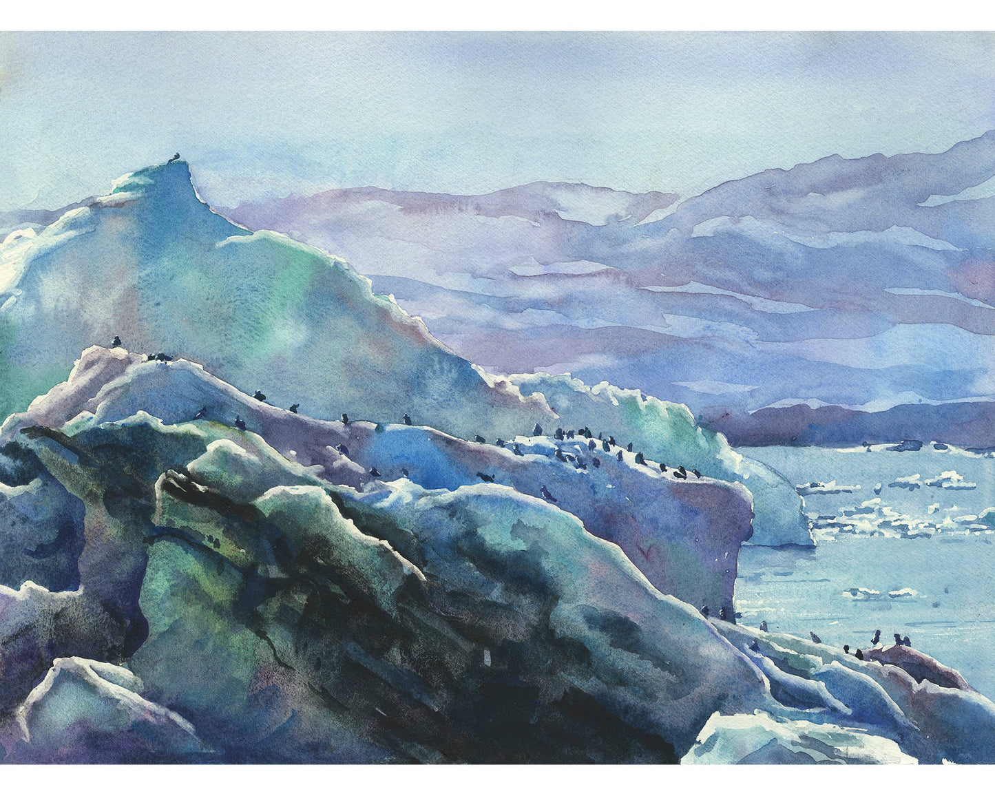 Colorful home art Iceland landscape painting, glacier icebergs melting watercolor painting. Iceland home decor Icelandic home decor (original)