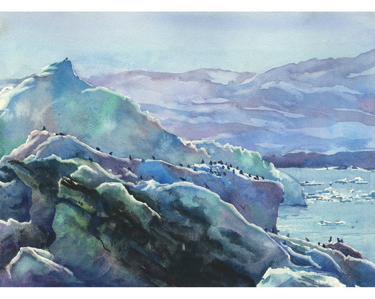 Colorido arte casero Pintura de paisajes de Islandia, icebergs glaciares derritiéndose pintura de acuarela. Decoración del hogar de Islandia Decoración del hogar de Islandia (original)