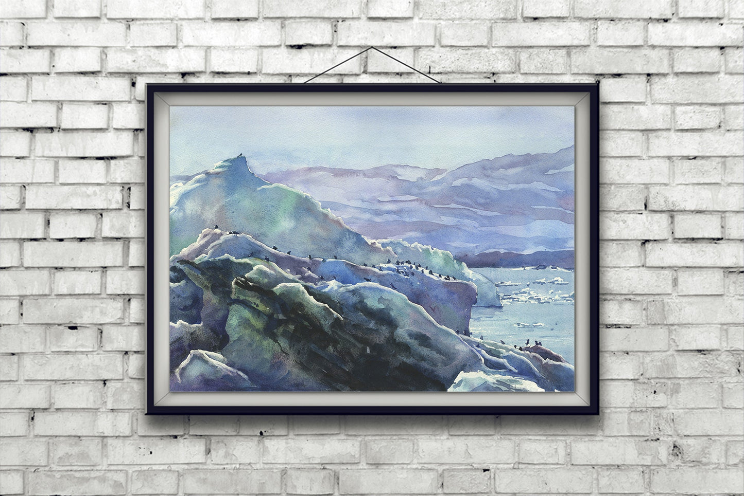 Colorful home art Iceland landscape painting, glacier icebergs melting watercolor painting. Iceland home decor Icelandic home decor (original)