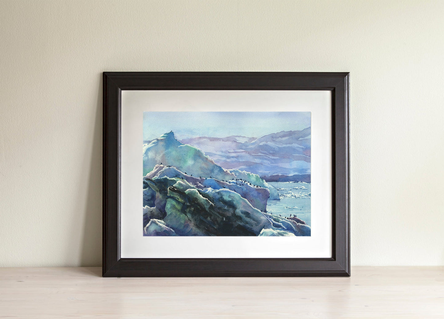Colorful home art Iceland landscape painting, glacier icebergs melting watercolor painting. Iceland home decor Icelandic home decor (original)