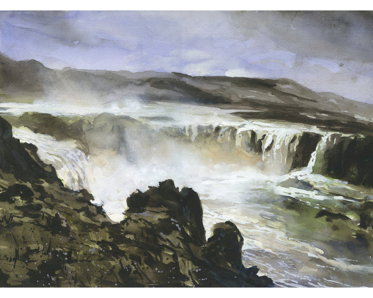 Icelandic waterfall watercolor painting.  Godafoss waterfall Icelandic landscape watercolor painting fine art Icelandic home decor (original painting)