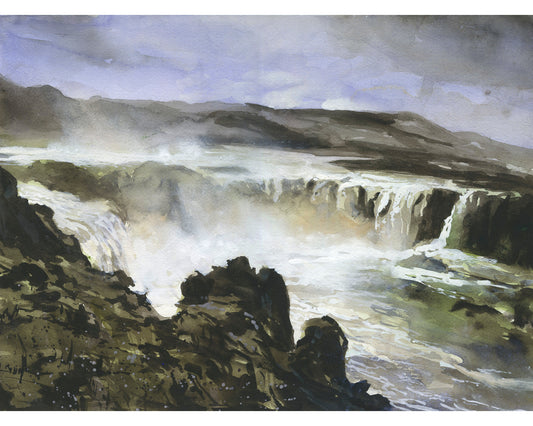 Icelandic waterfall watercolor painting. Godafoss waterfall Icelandic landscape watercolor painting fine art Icelandic home decor (print)
