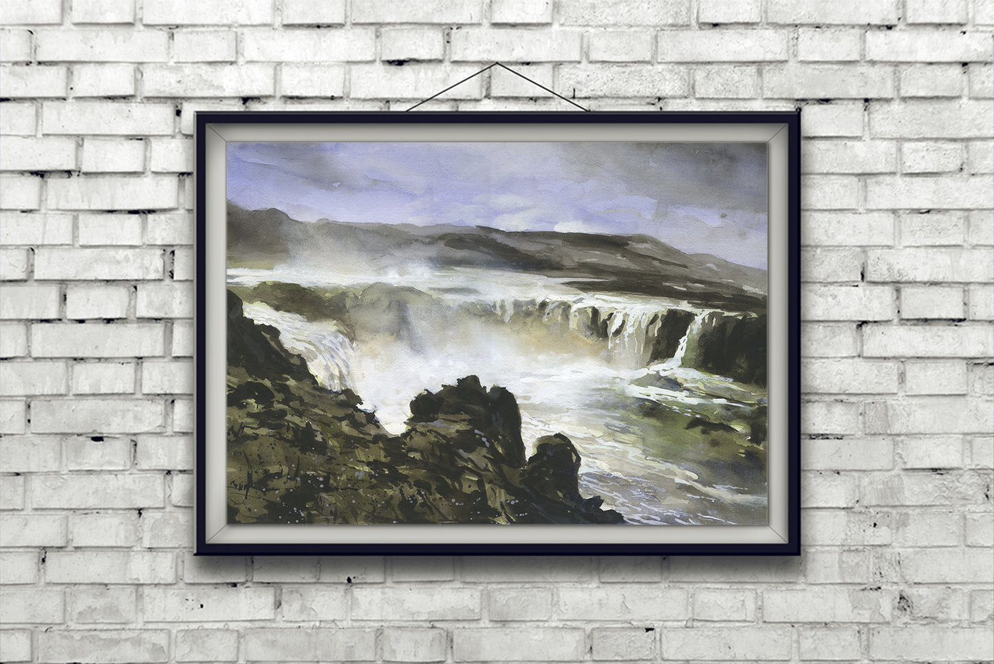 Icelandic waterfall watercolor painting.  Godafoss waterfall Icelandic landscape watercolor painting fine art Icelandic home decor (original painting)