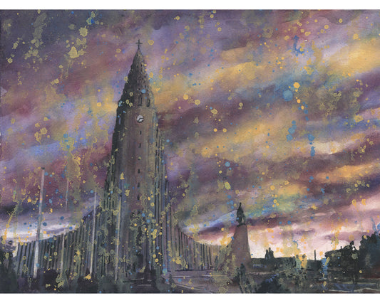 Iglesia en el centro de Reykjavik al atardecer. Hallgrimskirkja pintura de acuarela Islandia paisaje iglesia decoración de obras de arte Decoración de Reykjavik (impresión)