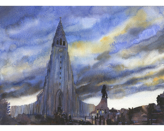 Iglesia Hallgrimskirkja en el centro de Reykjavik al atardecer. Pintura de acuarela Decoración de obras de arte de la iglesia del paisaje de Islandia (original)