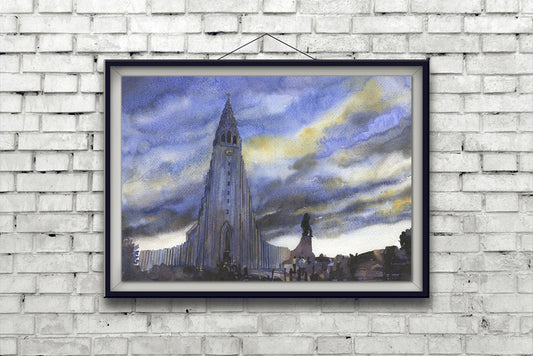 Iglesia Hallgrimskirkja en el centro de Reykjavik al atardecer. Pintura de acuarela Decoración de obras de arte de la iglesia del paisaje de Islandia (original)