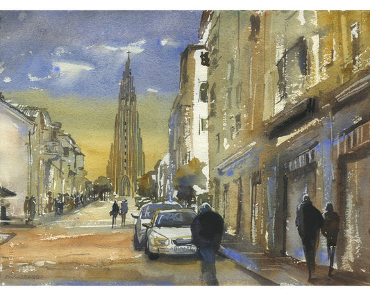 Iglesia Hallgrimskirkja de Islandia en el centro de Reykjavik al atardecer. Pintura de acuarela Islandia paisaje iglesia decoración de obras de arte (impresión)