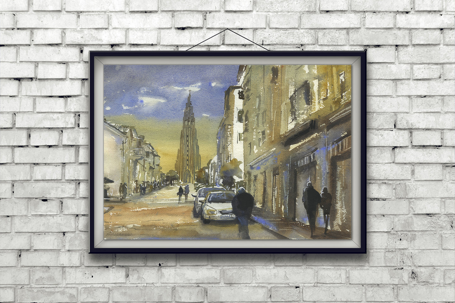 Iceland Hallgrimskirkja church in downtown Reykjavik at sunset.  Watercolor painting Iceland landscape church artwork decor (print)