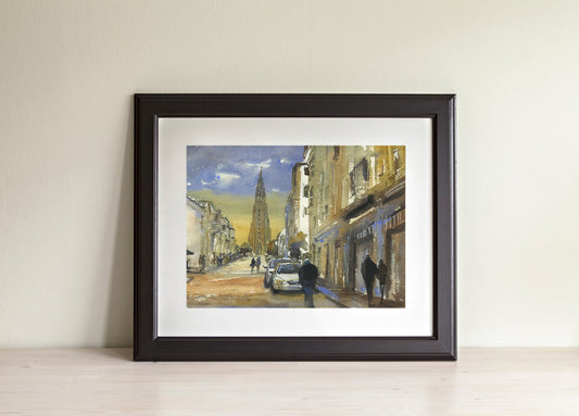 Iceland Hallgrimskirkja church in downtown Reykjavik at sunset. Watercolor painting Iceland landscape church artwork decor (print)