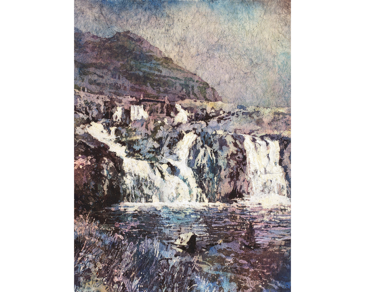 Kirkjufell waterfall on north coast of Iceland's Snæfellsnes peninsula.  Iceland watercolor landscape green home decor watercolor artwork batik art (print)