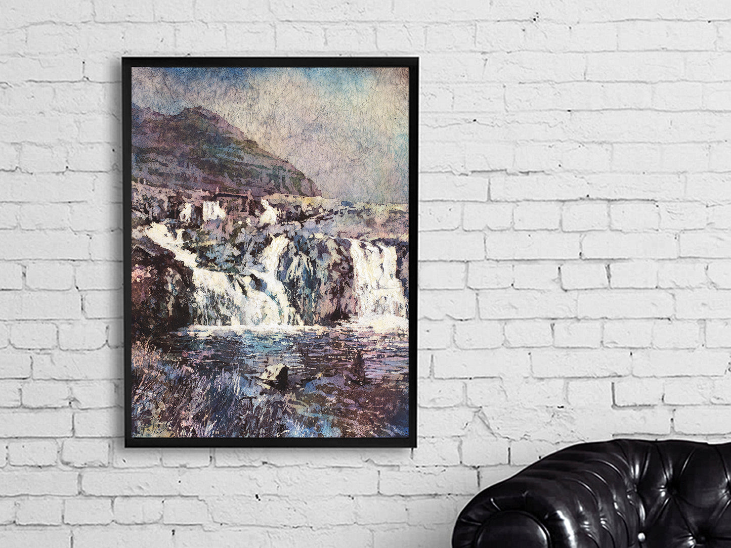 Kirkjufell waterfall on north coast of Iceland's Snæfellsnes peninsula.  Iceland watercolor landscape green home decor watercolor artwork batik art (print)