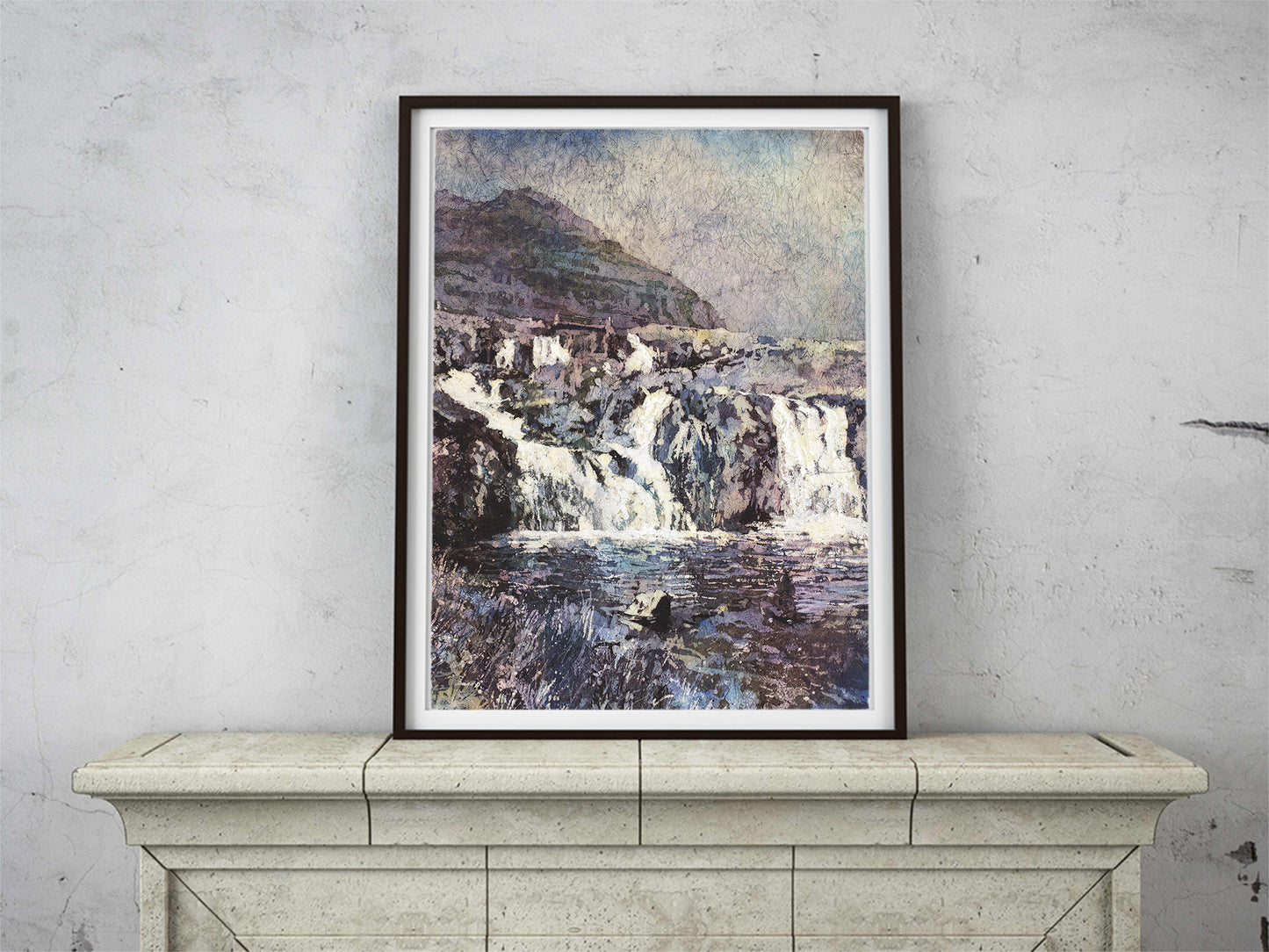 Kirkjufell waterfall on north coast of Iceland's Snæfellsnes peninsula.  Iceland watercolor landscape green home decor watercolor artwork batik art (print)