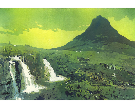 Kirkjufell Mountain and waterfall on north coast of Iceland's Snæfellsnes peninsula.  Iceland watercolor landscape green home decor watercolor artwork (original painting)