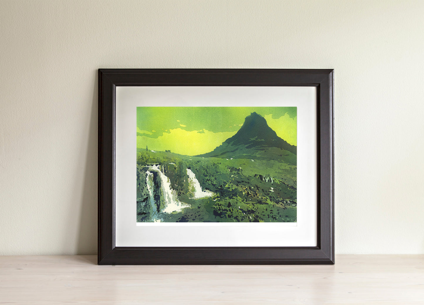 Kirkjufell Mountain and waterfall on north coast of Iceland's Snæfellsnes peninsula.  Iceland watercolor landscape green home decor watercolor artwork (original painting)