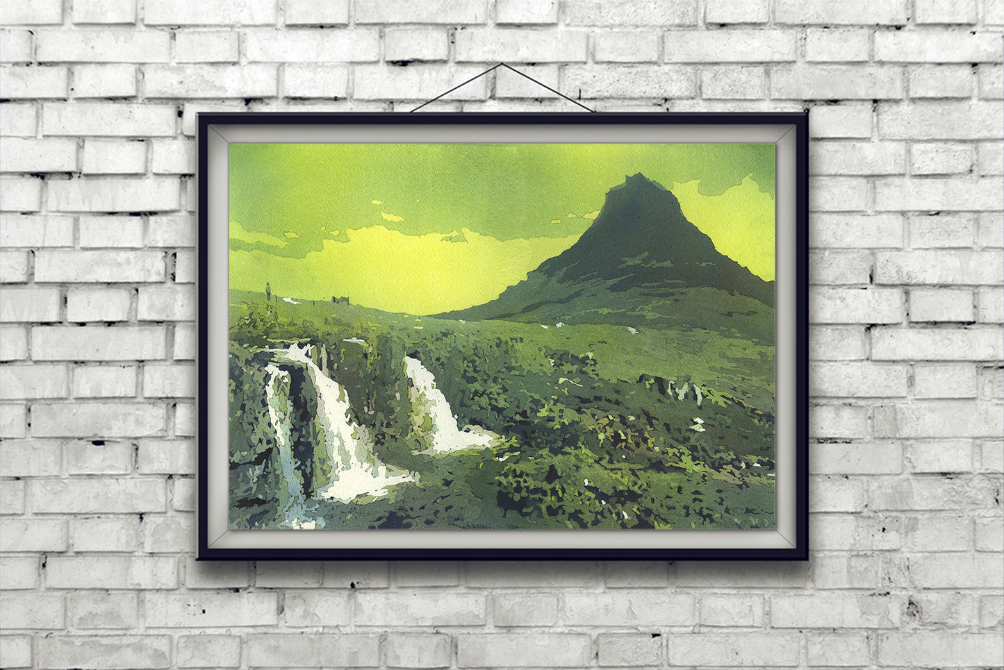 Kirkjufell Mountain and waterfall on north coast of Iceland's Snæfellsnes peninsula.  Iceland watercolor landscape green home decor watercolor artwork (original painting)