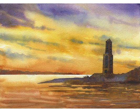 Knarrarós Lighthouse on the Iceland Coast at sunset.  Icelandic coast lighthouse watercolor painting colorful decor (print)