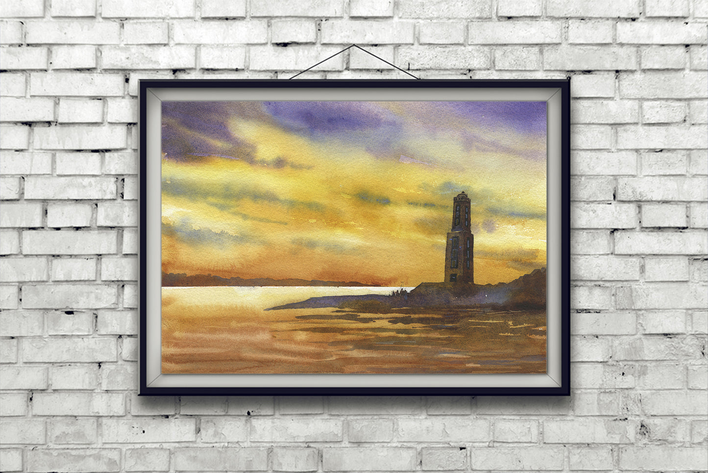 Knarrarós Lighthouse on the Iceland Coast at sunset.  Icelandic coast lighthouse watercolor painting colorful decor (print)