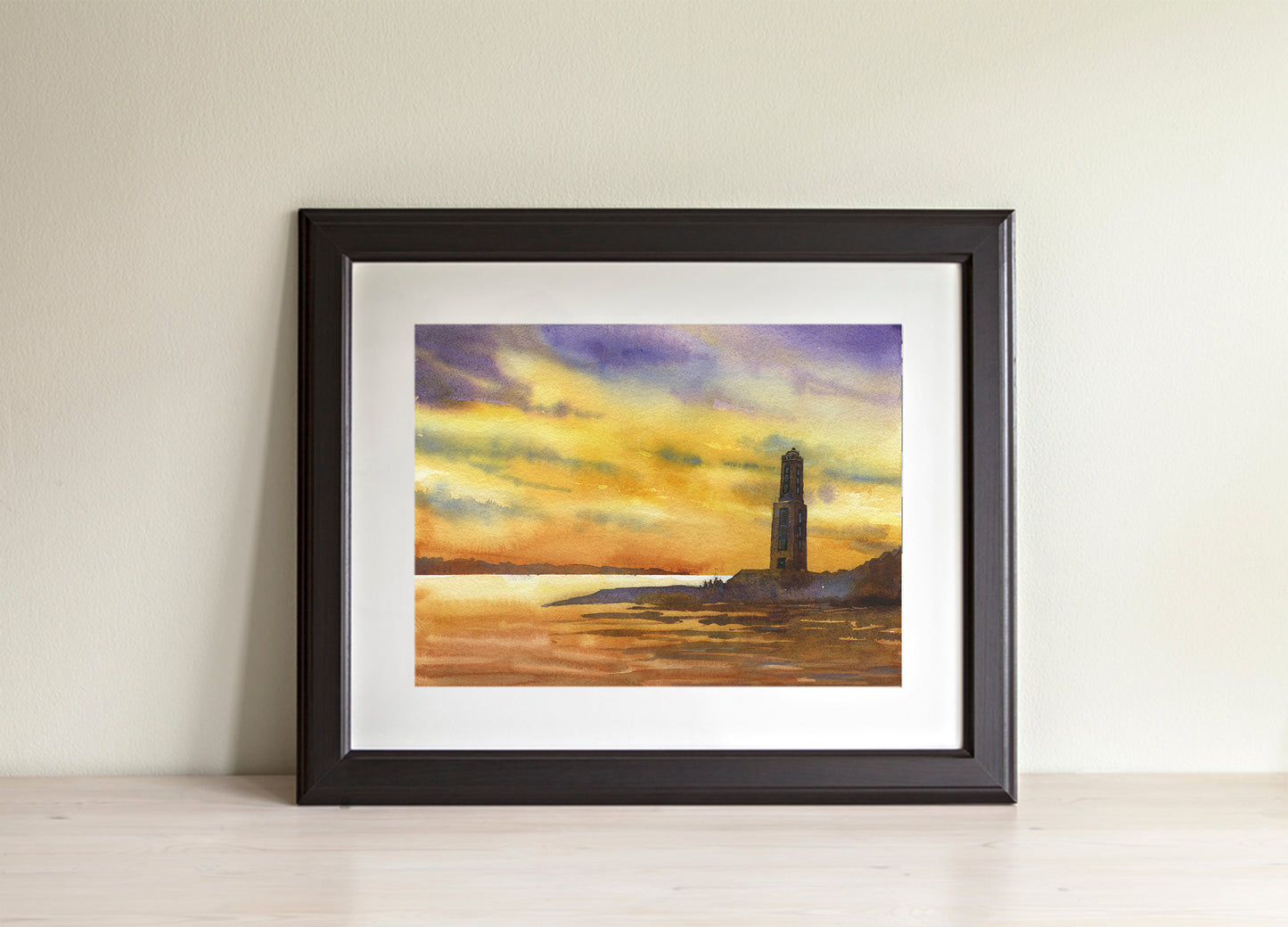 Knarrarós Lighthouse on the Iceland Coast at sunset.  Icelandic coast lighthouse watercolor painting colorful decor (original)