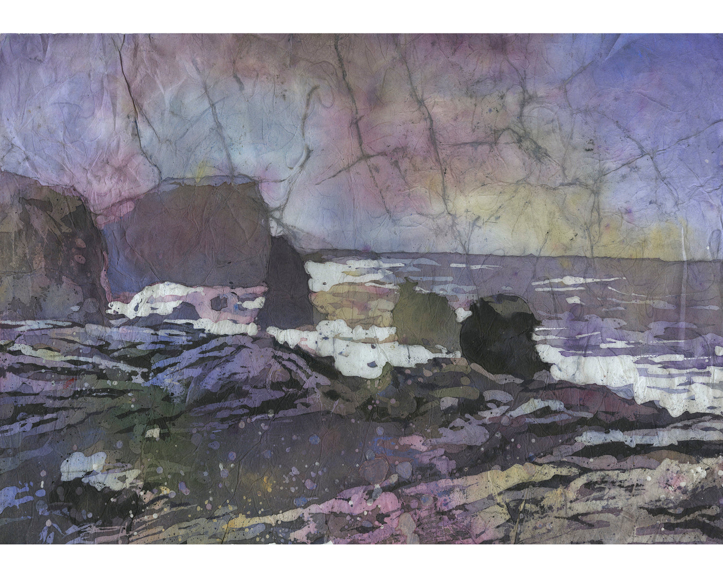 Reykjanestá Peninsula in Iceland. Watercolor painting rocky coastline Iceland purple watercolor batik artwork rocky coastal art (print)