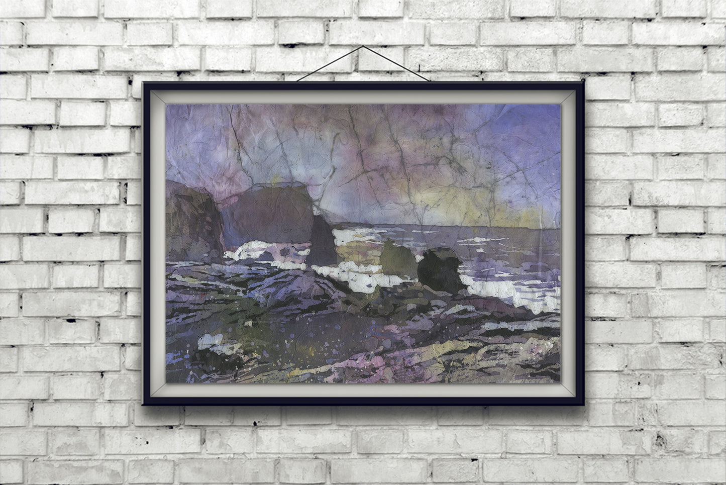 Reykjanestá Peninsula in Iceland. Watercolor painting rocky coastline Iceland purple watercolor batik artwork rocky coastal art (print)