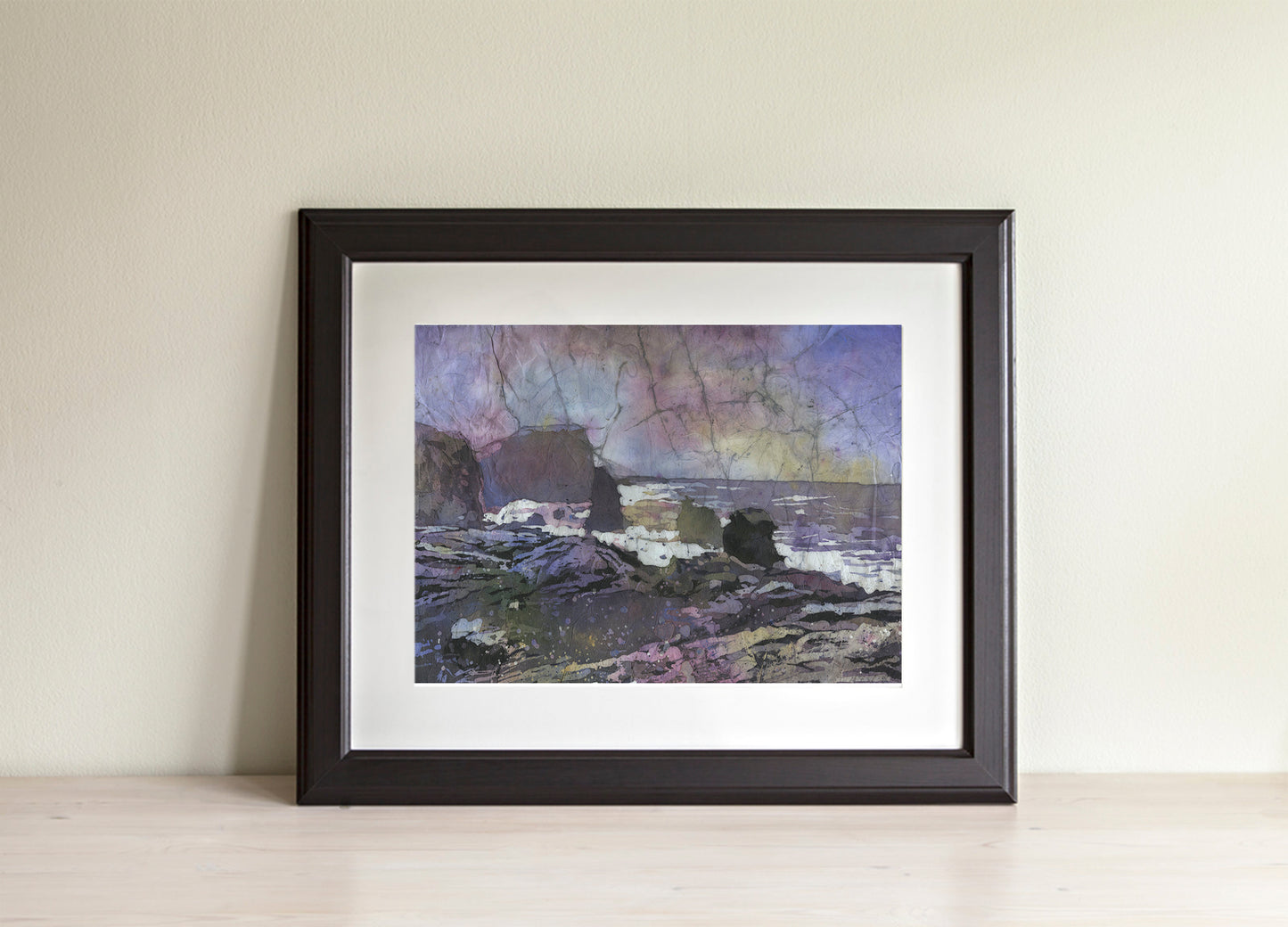 Reykjanestá Peninsula in Iceland. Watercolor painting rocky coastline Iceland purple watercolor batik artwork rocky coastal art (print)