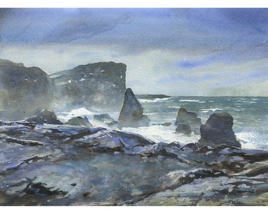 Reykjanestá Peninsula in Iceland.  Watercolor painting rocky coastline Iceland blue watercolor artwork (print)