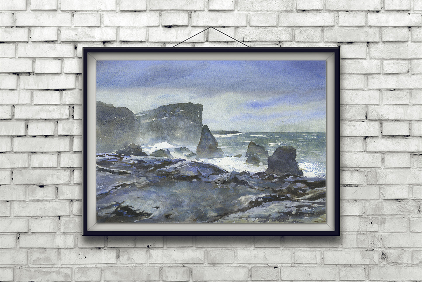 Reykjanestá Peninsula in Iceland.  Watercolor painting rocky coastline Iceland blue watercolor artwork (original)