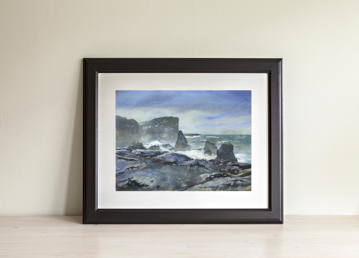 Reykjanestá Peninsula in Iceland.  Watercolor painting rocky coastline Iceland blue watercolor artwork (original)