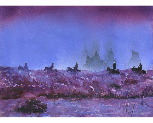 Vik Iceland watercolor painting.  Riders on horses & rocky coast of Iceland sunset artwork blue moonlit landscape art (print)