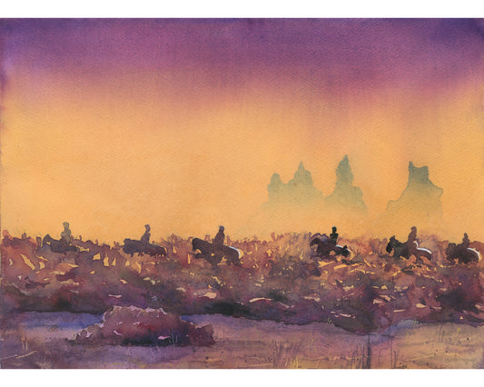 Vik Iceland watercolor painting.  Riders on horses & rocky coast of Iceland sunset artwork blue moonlit landscape art (print)