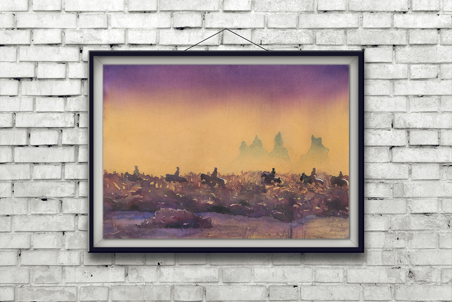 Vik Iceland watercolor painting.  Riders on horses & rocky coast of Iceland sunset artwork blue moonlit landscape art (print)