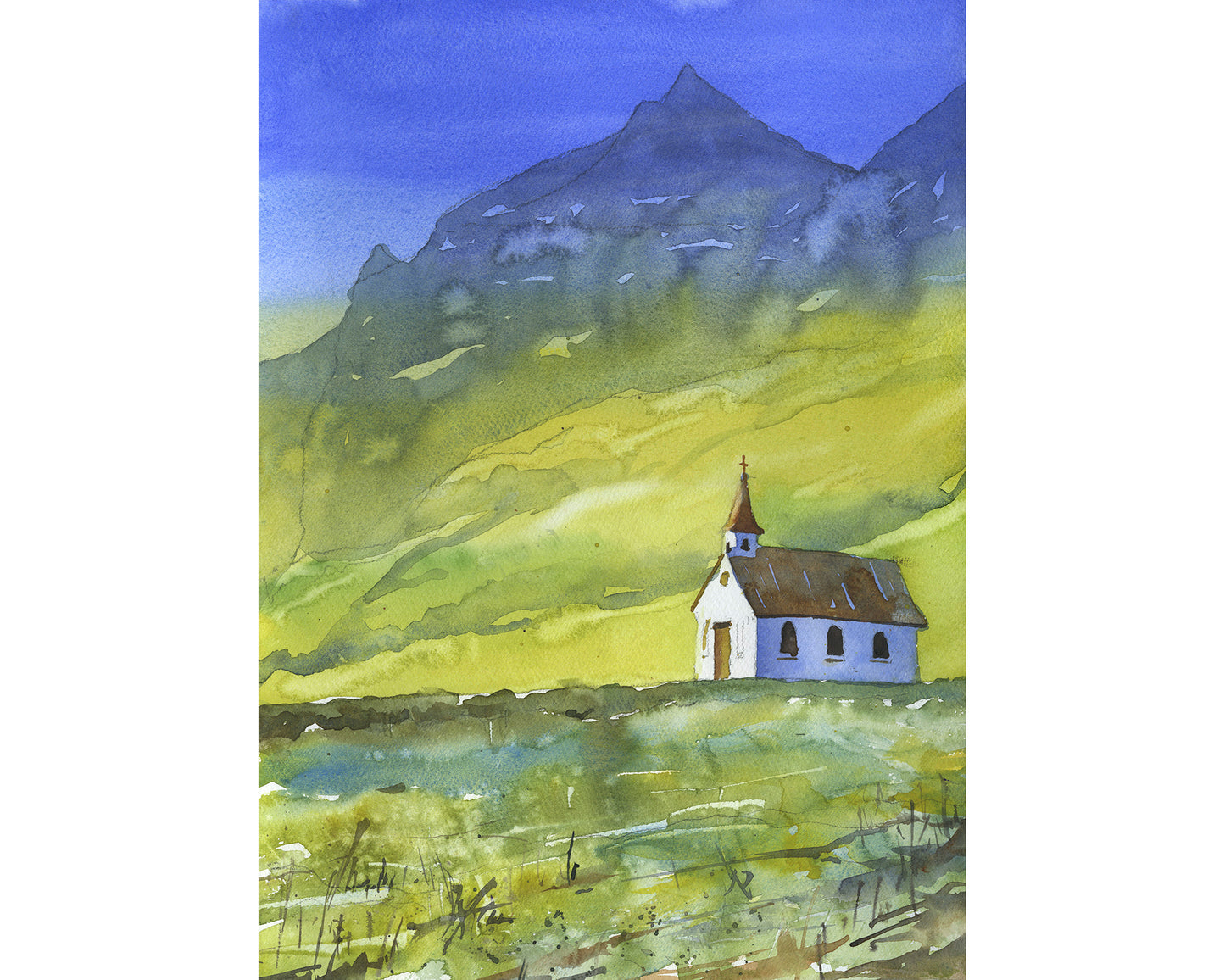 Reynisfjara beach church  near the town of Vik- Iceland.  Watercolor painting Icelandic coast colorful wall artwork (print)