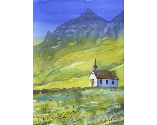 Reynisfjara beach church  near the town of Vik- Iceland.  Watercolor painting Icelandic coast colorful wall artwork (print)