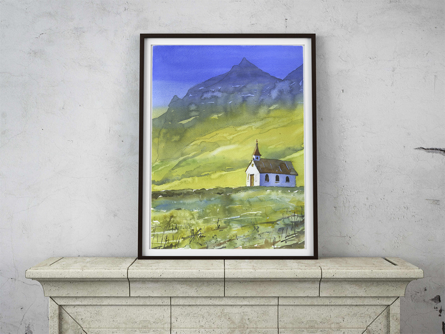 Reynisfjara beach church  near the town of Vik- Iceland.  Watercolor painting Icelandic coast colorful wall artwork (print)