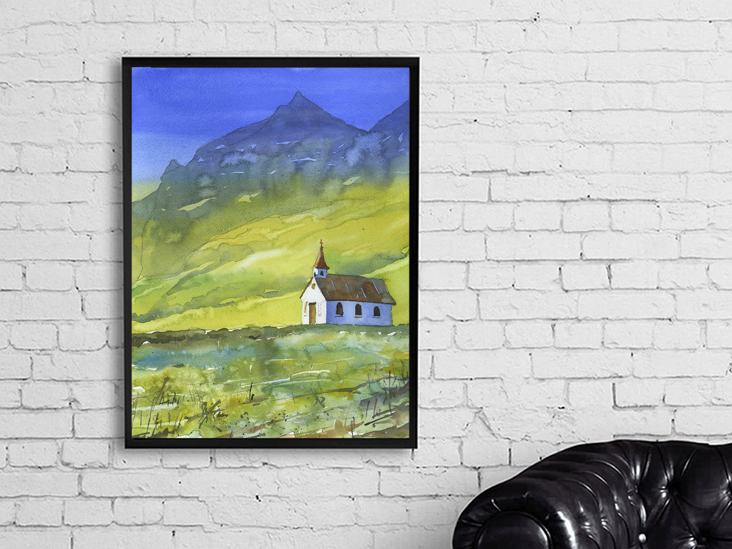 Reynisfjara beach church  near the town of Vik- Iceland.  Watercolor painting Icelandic coast colorful wall artwork (print)