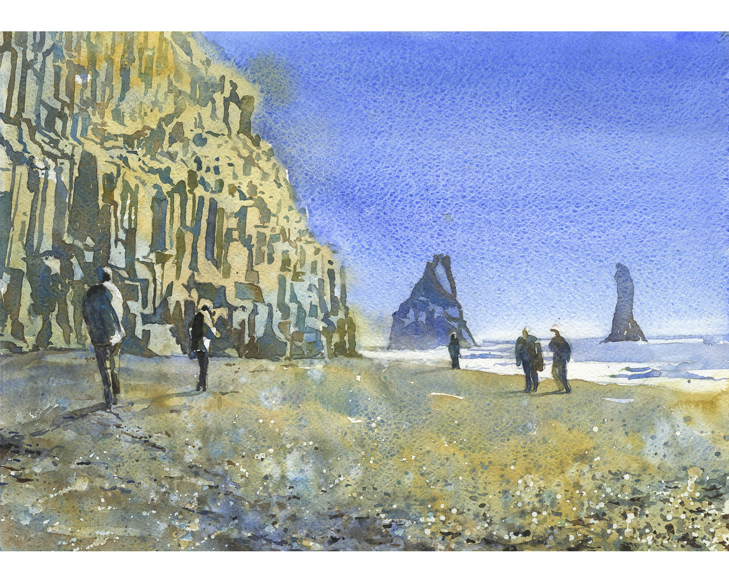 Reynisfjara black beach near the town of Vik- Iceland. Watercolor painting Icelandic coast colorful wall artwork black sand beach (print)