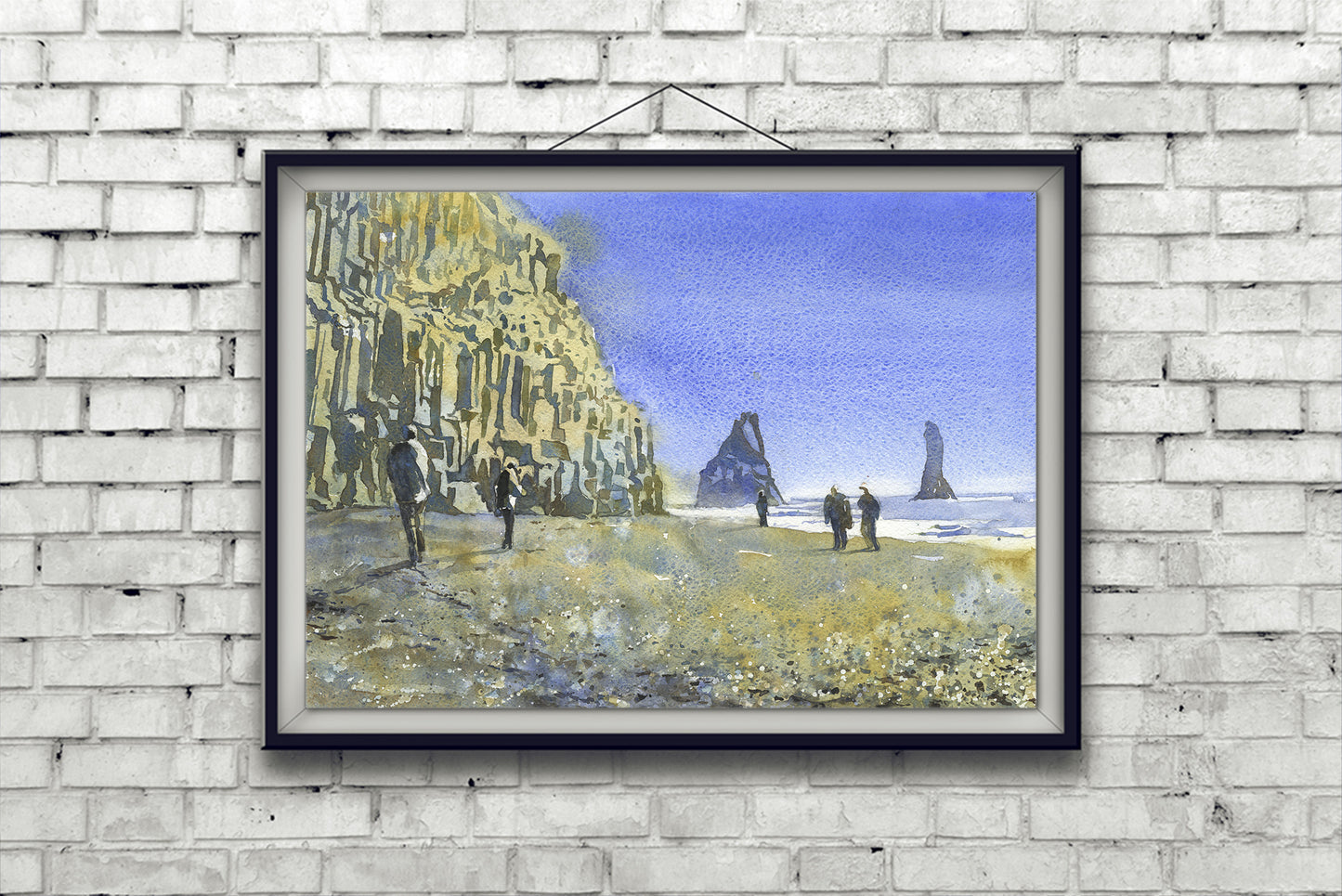 Reynisfjara black beach near the town of Vik- Iceland. Watercolor painting Icelandic coast colorful wall artwork black sand beach (print)