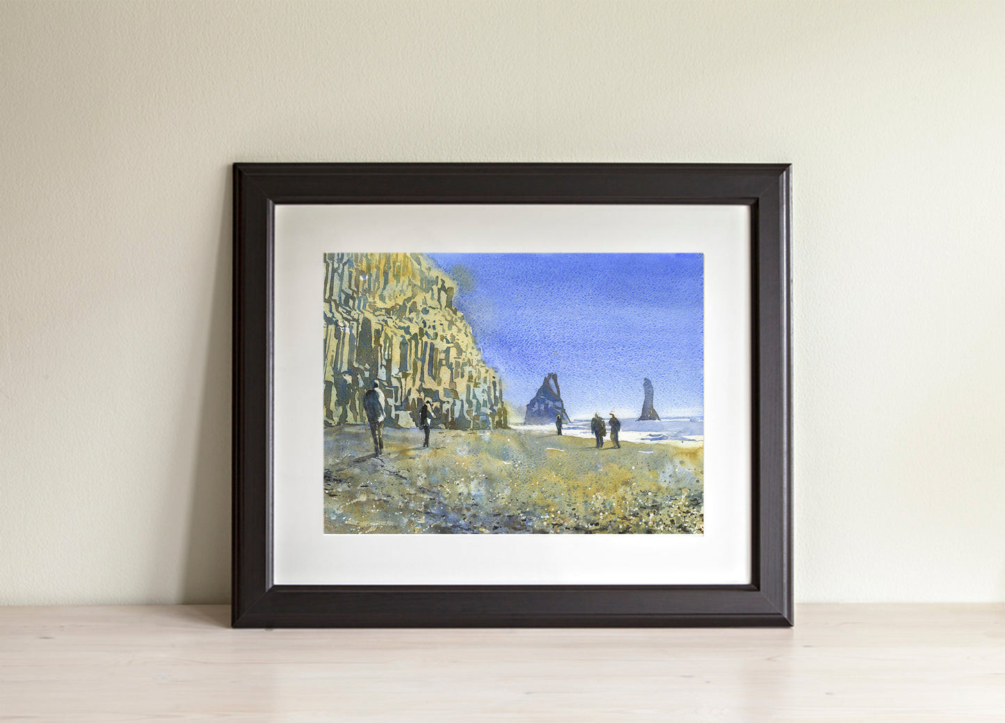 Reynisfjara black beach near the town of Vik- Iceland. Watercolor painting Icelandic coast colorful wall artwork black sand beach (print)