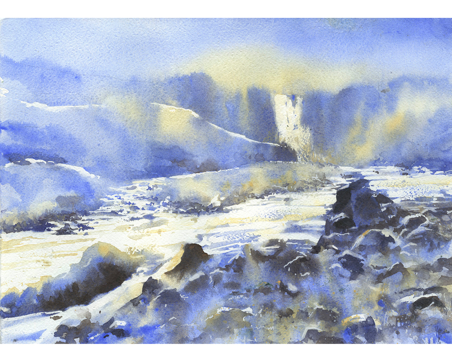 Waterfall in the Icelandic coast.  Watercolor painting of Icelandic waterfall blue yellow home decor travel painting Iceland landscape artwork (print)