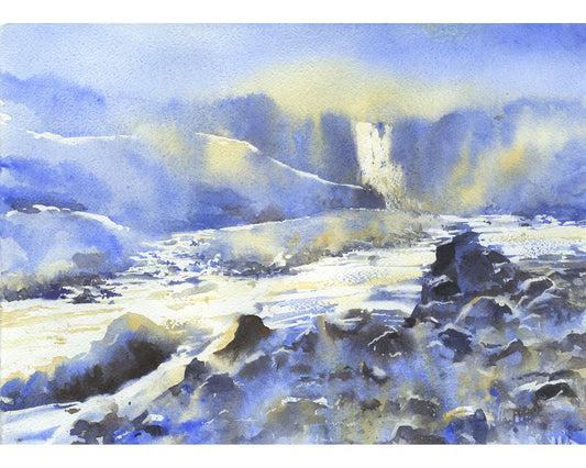 Waterfall in the Icelandic coast.  Watercolor painting of Icelandic waterfall blue yellow home decor travel painting Iceland landscape artwork (print)