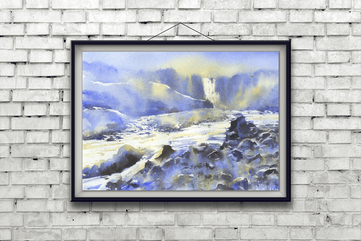 Waterfall in the Icelandic coast.  Watercolor painting of Icelandic waterfall blue yellow home decor travel painting Iceland landscape artwork (print)