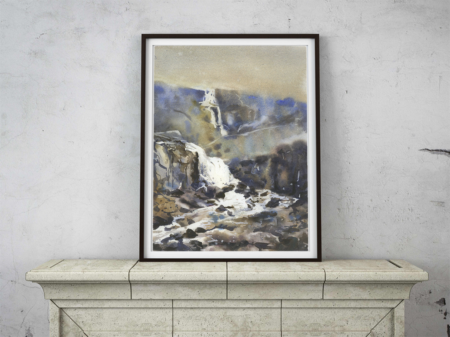 Waterfall in Iceland fine art painting.  Icelandic waterfall landscape painting nature art home decor (print)
