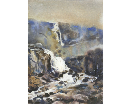 Waterfall in Iceland fine art painting.  Icelandic waterfall landscape painting nature art home decor (print)
