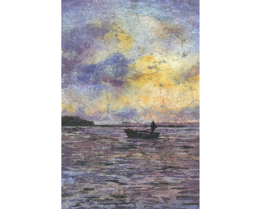Jamaican fisherman in Montego Bay at sunet.  Watercolor batik nautical artwork Jamaica landscape artwork (print)