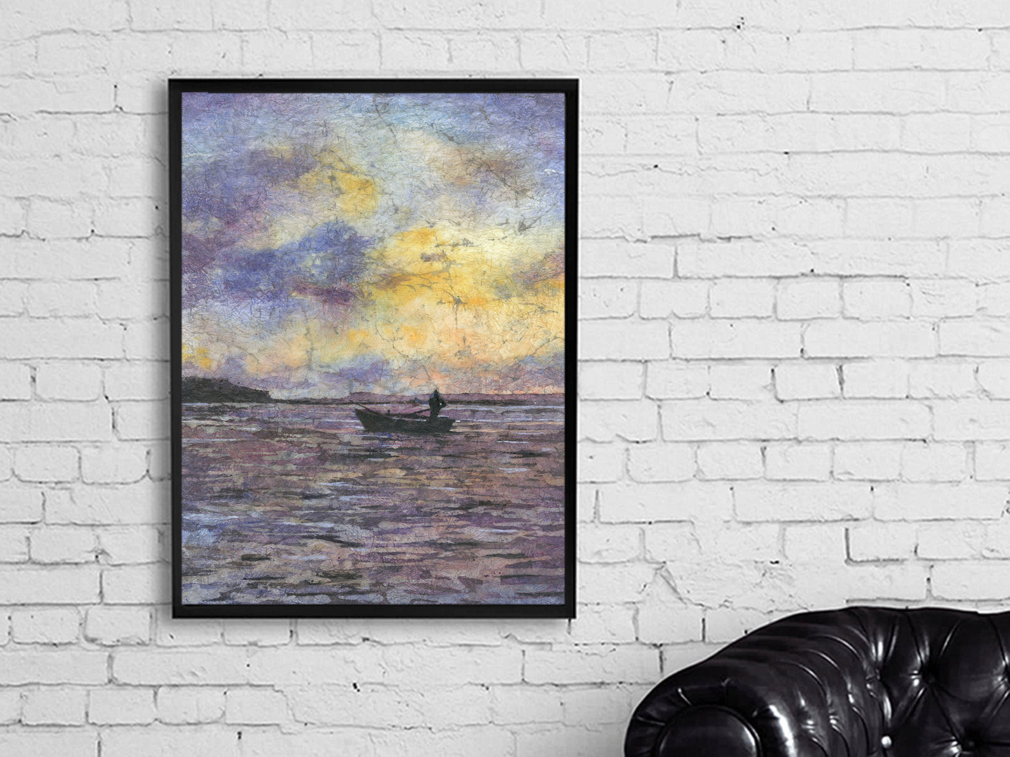 Jamaican fisherman in Montego Bay at sunet.  Watercolor batik nautical artwork Jamaica landscape artwork (print)