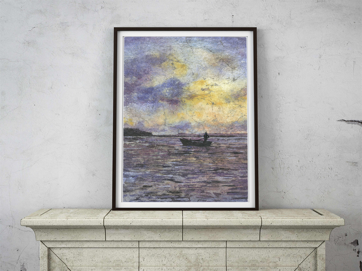 Jamaican fisherman in Montego Bay at sunet.  Watercolor batik nautical artwork Jamaica landscape artwork (print)