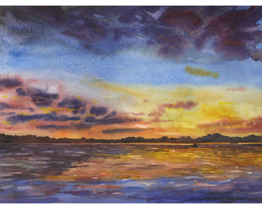 Colorido paisaje al atardecer sobre el lago. Acuarela pintura puesta de sol obras de arte decoración del hogar arte colorido paisaje pintura lago casa arte (impresión)