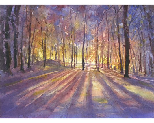 Landscape watercolor painting.  Silhouetted trees at sunset colorful forest watercolor painting home decor (original)