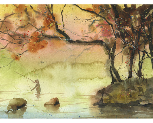 Watercolor landscape fisherman, colorful home decor landscape painting fishing artwork horizontal wall art, sunset painting giclee (print)