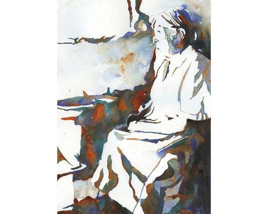 Peru artwork- Quechua woman sitting in house in Sacred Valley.  Peruvian artwork colorful watercolor painting fine art South America (print)